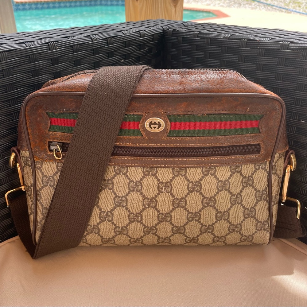 Gucci Vintage Purse 80s Supreme Monogram GG Crossbody Bag Brown Red Green - Picture 2 of 16